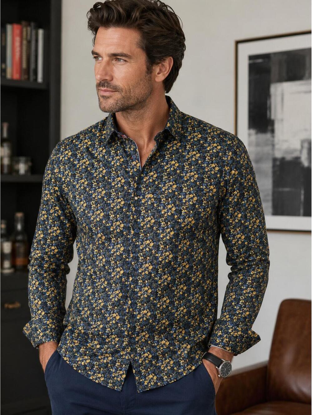7 Downie St London Couture Men’s Floral Button Up Shirt Blue Yellow Size S